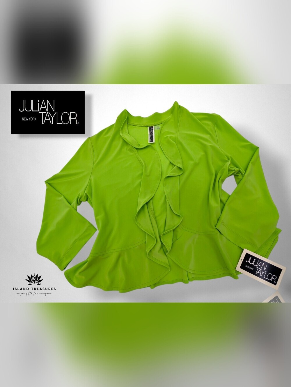 NWT Julian Taylor New York Sz 16 Lime Green Women Peplum Ruffle Waterfall Jacket